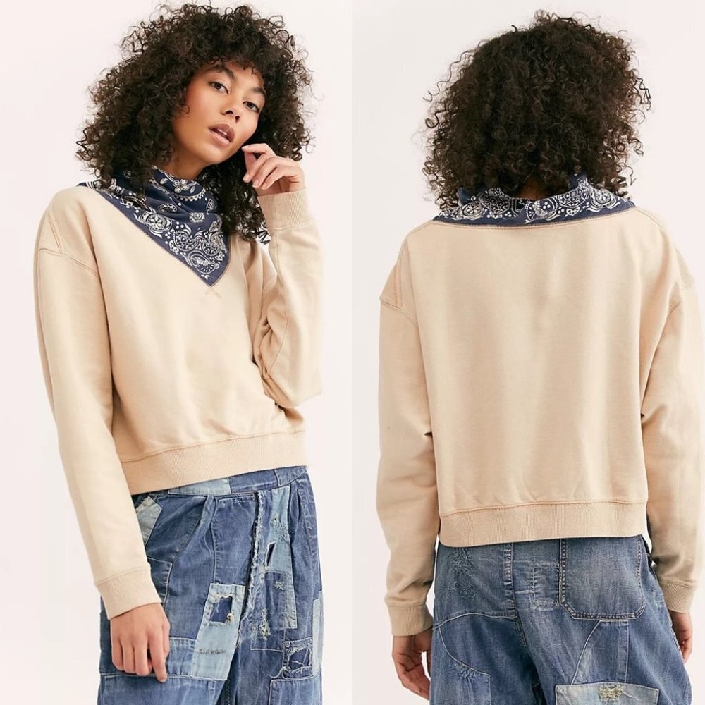 Nwt Free People James Bandana Sweatshirt Cream Blue Size XS New With Tags Boho